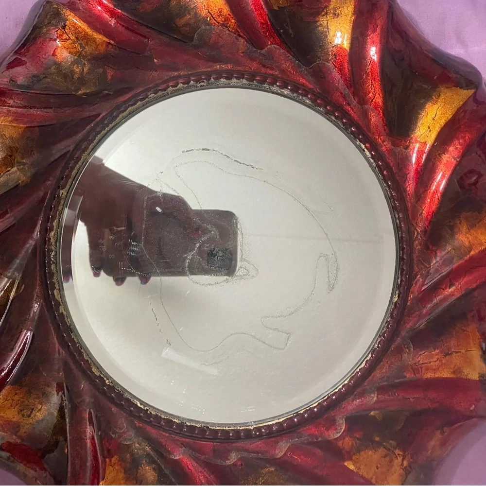 Decorative Swirl Round Wall Mirror in Red and Gold